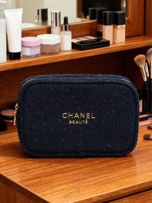 CHANEL Materiel Navy Blue Tweed Cosmetic Pouch, Makeup Bag, Zippered Makeup Bag With Gold Logo & Gold Camellia Zipper Pull, Luxury Beauty Case - Navy Blue - View 2