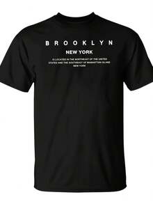 Men's Summer Casual 100% Cotton T-Shirt with Brooklyn New York Graphic Print, Breathable Short Sleeve Round Neck Tee for Outdoor & Daily Wear, Machine Washable Regular Fit, Daily Casual Tee - Negro - Ver 1