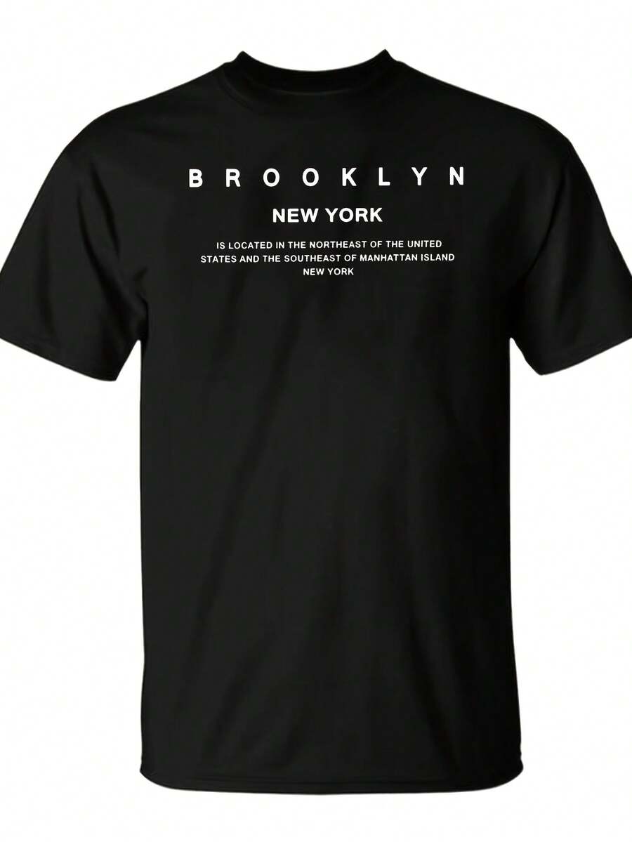 Men's Summer Casual 100% Cotton T-Shirt with Brooklyn New York Graphic Print, Breathable Short Sleeve Round Neck Tee for Outdoor & Daily Wear, Machine Washable Regular Fit, Daily Casual Tee - Negro - Ver 1