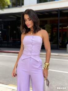 Tailored Set: Sensual Pants And Strapless Top With Buttons - 紫丁香色 - 查看 1