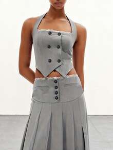 Pono Women's Targeted Development Casual Neck Hanging Vest Button Top Suit Pleated Half Skirt Two Pieces Set, Suitable For Christmas, Thanksgiving,Discount Special Offer