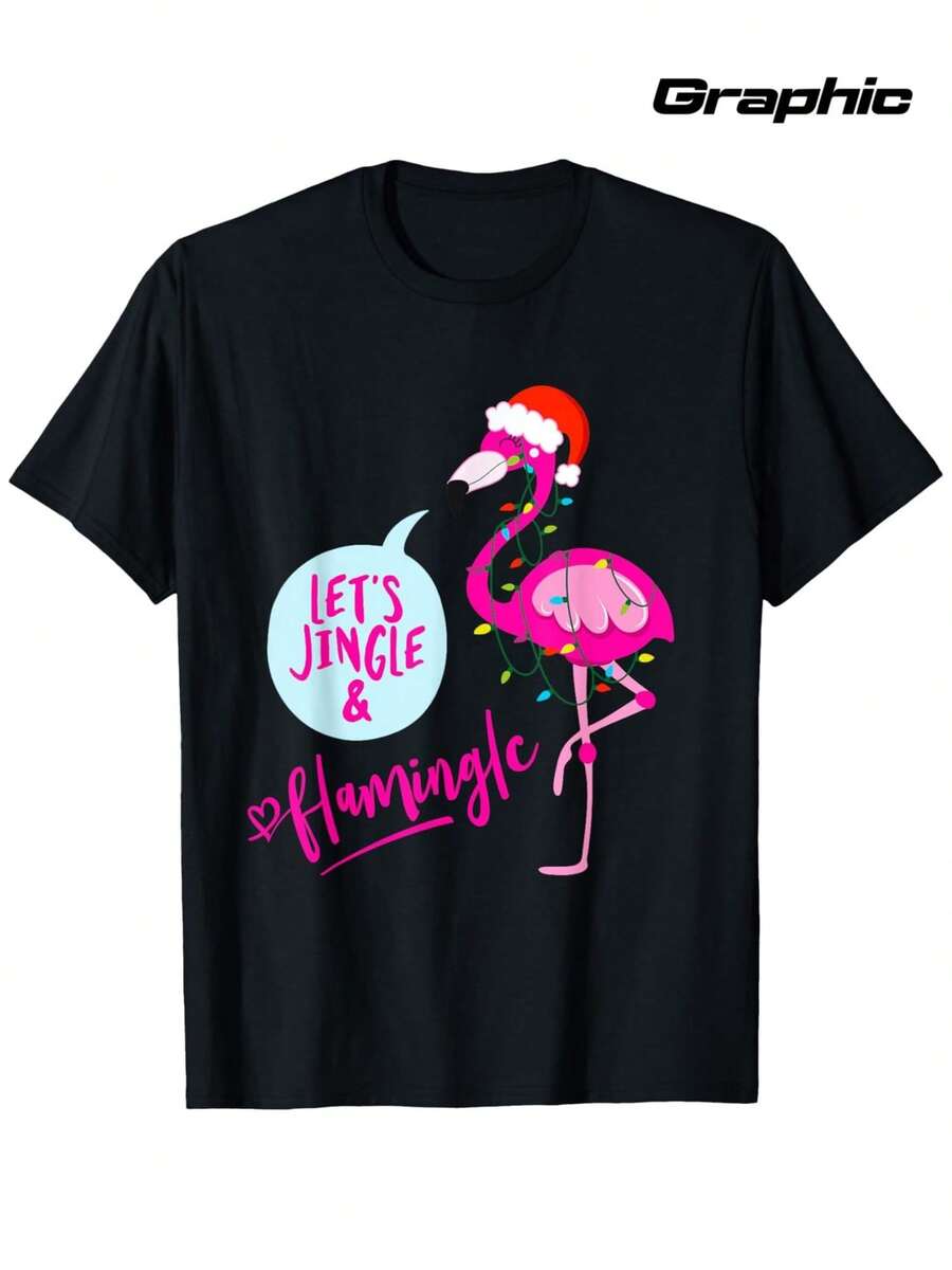 Let'S Jingle & Flamingle Christmas Graphic T-Shirt - 100% Cotton Casual Short Sleeve Tee With Festive Flamingo Design, Round Neck, Sizes S-XXXL, Black - Perfect Holiday Gift For Men, Women, Dad, Mom & Friends, Christmas T Shirt - Black - View 1