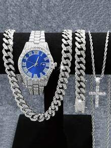 CVNANA 4pcs/Set Men's Watch And Hip Hop Cuban Chain Necklace Bracelet Set (Without Gift Box)
