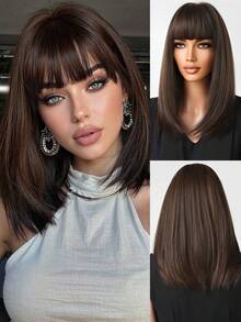 Brown Long Straight Wigs For Women, Natural Brown Synthetic Wigs With Bangs, Elegant Beautiful Natural Looking Heat Resistant Synthetic Wig Daily Party Use 16Inch - màu nâu - Xem 2