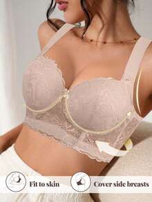 Reggiseno push-up comodo e sexy da donna con ampi lacci in pizzo e fiocco, adatto per tutte le stagioni - Beige - Visualizzare 8