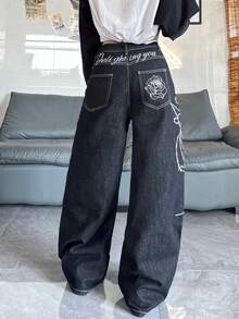 1件装女士复古美式街头风刺绣阔腿牛仔裤，宽松舒适，高街时尚休闲裤，四季皆宜（不含腰带/配饰） - 黑色 - 查看 3