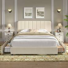 VECELO Modern Velvet Double Bed Frame With Storage Drawers & Headboard - Upholstered Platform Bed, Sturdy Wooden Slats | No Box Spring Needed In Beige - 米色帶抽屜 - 查看 1