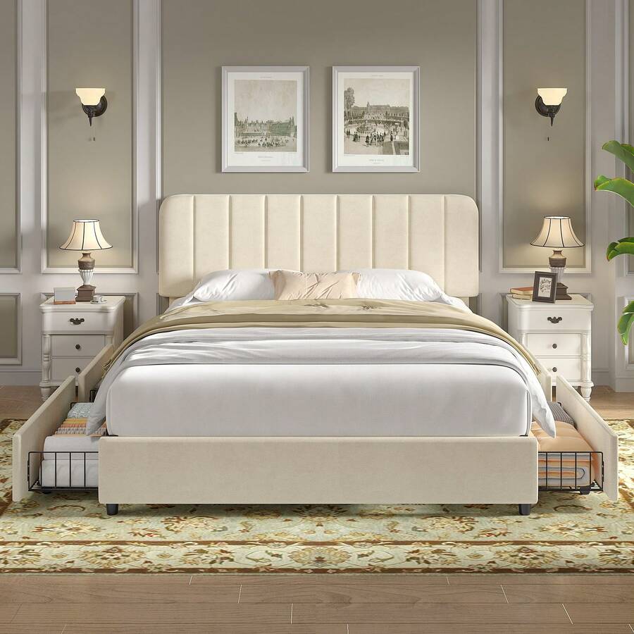 VECELO Modern Velvet Double Bed Frame With Storage Drawers & Headboard - Upholstered Platform Bed, Sturdy Wooden Slats | No Box Spring Needed In Beige - 米色帶抽屜 - 查看 1
