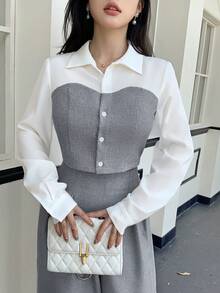 abyoxi 女款灰色與白色拼接領長袖單排扣2合1短版襯衫，休閒通勤日常極簡辦公穿搭，適合秋冬（僅上衣） - 灰色 - 查看 6