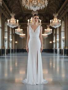 深V领无袖亮片修身连衣裙，高开衩设计，交叉褶皱款式，适合晚宴、盛会等场合。 - 白色 - 查看 3