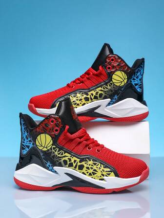 1 par barnskor för utomhussport, klassiskt svart och rött lapptäcke, ventilerande ovandel i bikakemönstrad mesh, stötdämpande och slitstark yttersula, lämplig för tonåringar och campusträning