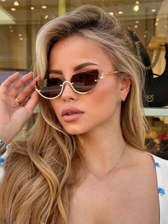 1 pieza Gafas de moda de metal semicircular con marco de medio, gafas de estilo retro personalizadas y versátiles para hombres y mujeres, adecuadas para uso diario, fotografía callejera, viajes de vacaciones, accesorios de playa de verano, estilo de preparación para volver a la escuela, decoración de templo con forma de ojo de gato