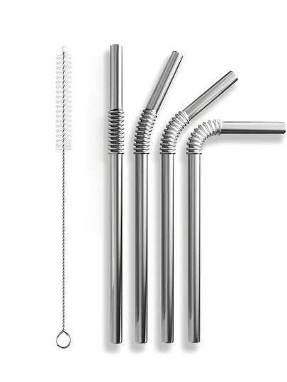 4 ống hút bằng thép không gỉ có thể gập lại, tái sử dụng, kèm cọ vệ sinh - An toàn với máy rửa chén, thích hợp cho du lịch, tiệc tùng, cocktail, sinh tố, cà phê đá.