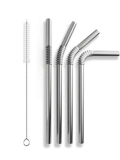 4支装可重复使用折叠不锈钢吸管，带清洁刷 - 可用洗碗机清洗，适合旅行、聚会、鸡尾酒、冰沙、冰咖啡等。