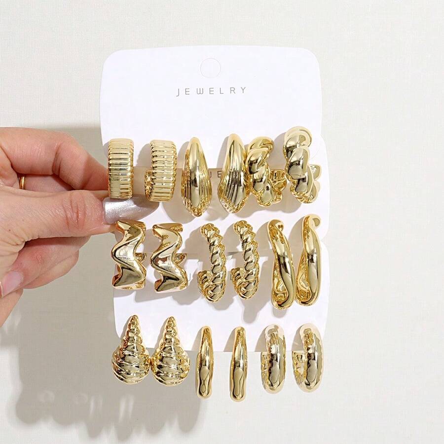 1-9 Gold Minimalist Texture Earrings With Knotted Geometric Pattern, Resin Material, Fashionable And Stylish Ear Ring Set - Gold - View 1