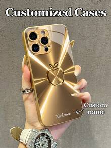 1pc Customizable Text & Golden Apple Line Design Tempered Glass Material Phone Case, Compatible With IPhone 17 Pro Max/17 Air/16/15/13/12/11/XS Max/6 7 8 Plus, S25 Ultra/S24 FE/S23 Plus/S22 Pro/S20/S21 FE, Fashion High-Definition Printed Protective Cover, Ideal For Holidays, Birthdays, Couples, Pets, Friends, Classmates, Siblings, Family - Gold - View 3