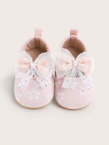女婴公主蕾丝蝴蝶结软底学步鞋，0-1岁幼儿学步鞋，3-12个月新生儿鞋，春秋季 - 粉色 - 查看 5