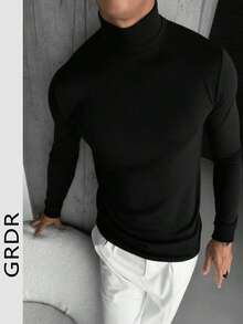 GRDR 男士休闲高领长袖T恤，适合日常穿着和休闲通勤 - 黑色 - 查看 2