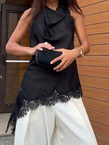 DEEKA Summer New Arrival Women's Fashion Sexy Halter Neck Lace Blouse - Black - View 5