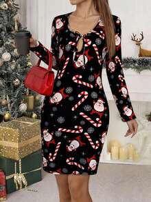Damen Weihnachts-Muster Langarm Bodycon Minikleid - Taillengürtel Partykleid mit festlichem Blumenmuster, sexy figurbetontes Weihnachtskleid für Damen, perfekt für Weihnachtsfeierlichkeiten und Weihnachtsessen, lässige Herbstkleider für Damen, legere schwarze Kurzkleider für Frauen - Schwarz - Übersicht 3