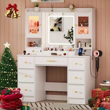 LAKEMID ✨Vanity, 7 Drawers White Vanity Desk With Mirror - Large Makeup Table Set With Cabinets And 3 Modes, 8 Storage Shelves With 2 Ultra-Clear Display Cabinets & 2 Ultra-Clear Dividers, 3 Storage Compartments, Top Shelf Included, Vanity Mirror With Desk Dressing Table For Bedroom, Includes Hairdryer Holder|Essential Makeup Vanity For School Club Performance Makeup Sessions|Autumn & Winter Heartwarming Gift|Fall 2025 Christmas Eve|Perfect Addition To Makeup Routine For Shows,Gatherings And Festivals!|Essential Vanity For The Makeup Show Houston|Columbus Day/Indigenous Peoples' Day|Carbondale Halloween Homecoming Music Street Festival|Veterans Day|Thanksgiving Day|Christmas Spectacular Starring The Radio City Rockettes|Christmas Day|New Year's Eve✨ - 白色 - 查看 8