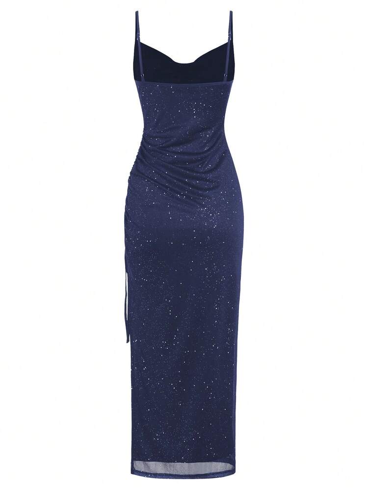 Elegante gonna midi con scollo drappeggiato e laccetti laterali, abito da cocktail plissettato con spacco alto adatto a feste, club e vacanze, primavera/estate, matrimonio - Blu Navy - Visualizzare 7