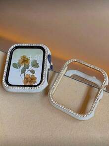 1PC White Shiny Rhinestone Decor Hollowed Out Case Flashing Anti-Fall Laser Engraving Bumper Cover, For Apple Watch Case 40/41/42/44/45/46/49MM, For Apple Watch Series Ultra/SE/10/9/8/7/6/5/4, Intelligent Watch Case Accessories - Hollow White + Gold - View 3