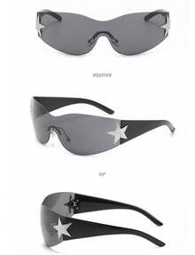 1pcY2K Wraparound Style Fashion Glasses, Millennium Future Style, European And American Glasses, Integrated Personalized Glasses Preppy Style For Back To School Wrap Shape Star Decor - 黑色 - 查看 5