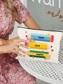 Teacher's Day Gift - Zippered Cosmetic And Toiletries Organizer Bag, Cute Pencil And Floral Pattern (Teach/Love/Inspire) - Lightweight Organizer Bag, Suitable For Teachers, Schools, And Travel - Machine Washable, Perfect For Graduation Season, Back-To-School Season, And Teacher's Day. Educational Theme Design, Lightweight Material, Back-To-School Essential, Stylish Accessory, Durable Fabric, Cosmetic Organizer, Perfect Choice For Thanksgiving. - Multicolor - View 2