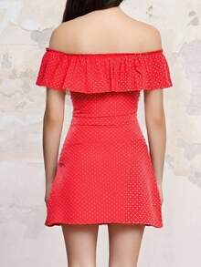 Women's Off Shoulder Dress Ruffle Sleeveless Dots Print Slim Fit Mini Dress For Party Club Dating - Red - View 3