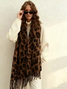 1 Khăn quàng cổ họa tiết da báo 68*200cm dành cho nữ, khăn choàng tua rua bằng vải cashmere giả dày, cổ điển & đa năng, ấm áp cho mùa thu/đông để mặc - Khăn quàng cổ họa tiết da báo - Xem 1