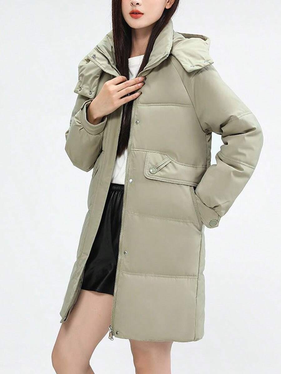 Plus Size Ropa de algodón Mujeres Chaqueta de algodón holgada de longitud media Abrigo de algodón holgado de largo medio para mujer talla grande. Novedad. Prenda exterior gruesa. Estilo coreano. Cierre con cremallera y botones. Capucha. Largo medio. Color liso. Bolsillos. Abrigo de algodón grueso, cálido y holgado. - Caqui - Ver 1