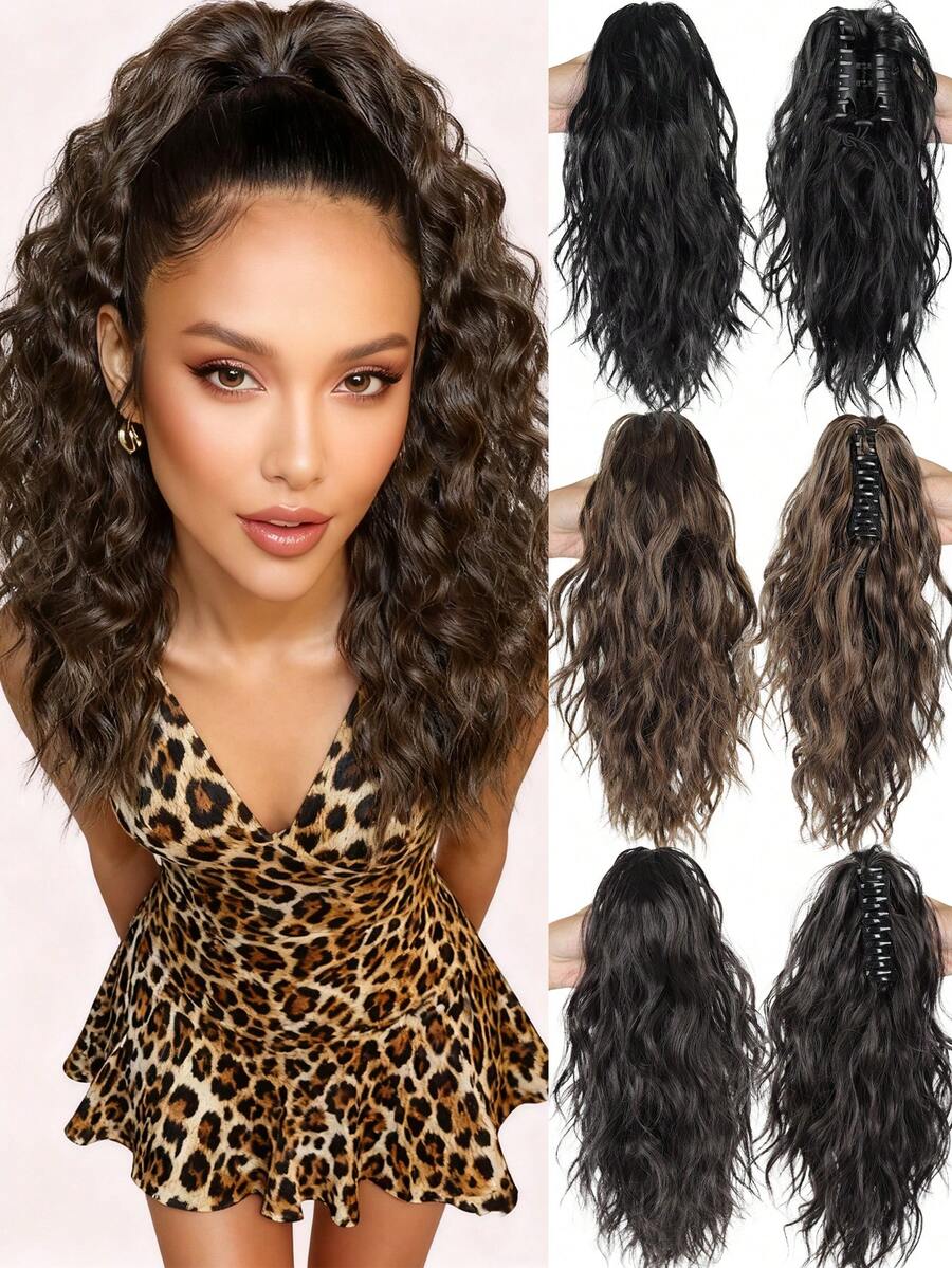 卷发马尾接发 14 英寸爪形抽绳马尾假发片 中棕色混合漂白金高马尾接发片 人造纤维