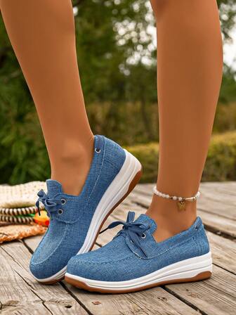 Women's New Solid Color Canvas Platform Thick Sole Sporty Vacation Style Fashion Versatile Comfortable Breathable Lace-Up Casual Sneakers, Suitable For Travel, Vacation, All Seasons