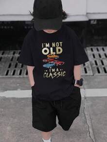 男童及青少年休闲印花圆领短袖T恤，夏季上衣 - 黑色 - 查看 3