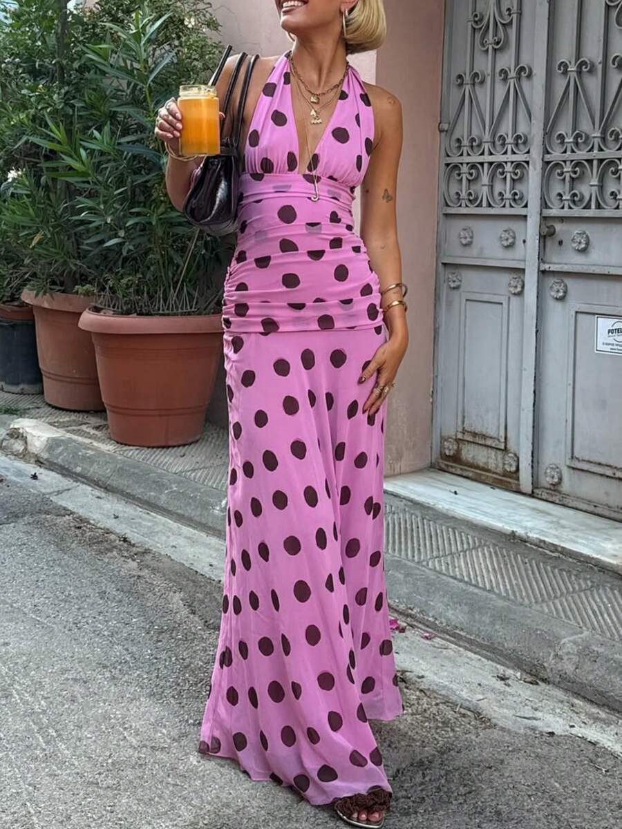 Women Y2k Halter Maxi Dress Vintage Polka Dot Mesh Long Dress Sleeveless Backless Deep V Neck Fishtail Cami Dresses Beach Vacation Party Sundress Summer Clothes Outfit - 粉色 - 查看 1