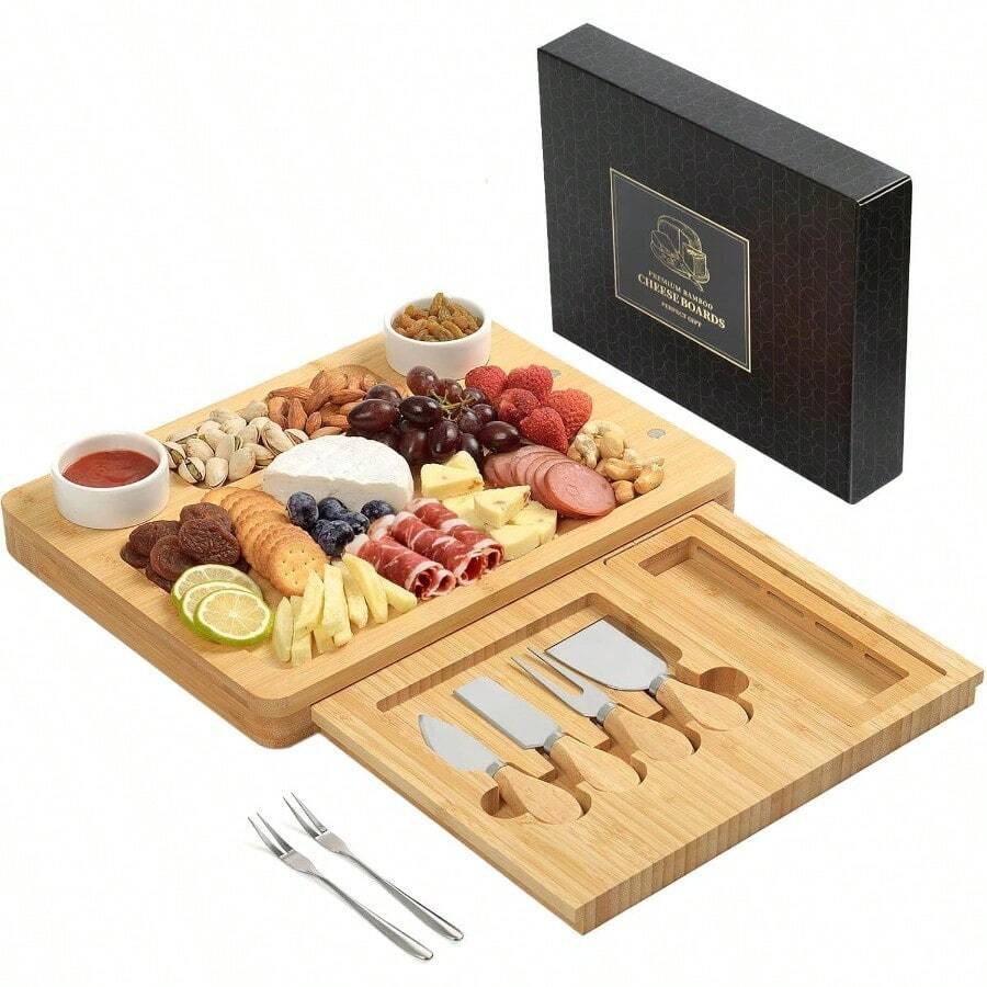 Bamboo Cheese Board Set - Charcuterie Boards And Serving Meat Platter Cheese Tray With 4 Stainless Steel Cheese Knives 1 Drawer Storage Elegant Cutting Board Platter For Perfect Appetizer Display Ideal For Halloween Parties Weddings And Special Occasions - NaturalBamboo - View 1