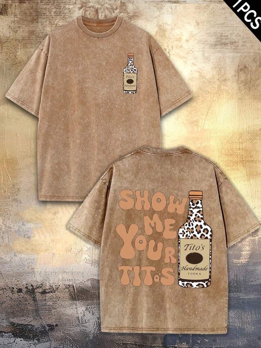 Vintage Vintage Style, Tito's Vodka Enthusiast, Leopard Print Elements, SHOW ME YOU TITOS Humorous Text Memes, Washed Double-Sided Printed Vintage T-Shirt..…. Retro Loose T-Shirt, Men's Casual Style T-Shirt, Machine Washable And Washable Old T-Shirt; Cool Design Pattern T-Shirt, Durable And Comfortable Fabric, Street Fashion Sense, A Must-Have For Street Style Enthusiasts, Top-Level Sportswear, Suitable For Daily Commuting, Dating, Leisure Matching, Suitable For Holiday Gift Giving, The First Choice For Gift Giving. & Christmas/New Year Gifts - Unisex - 咖啡棕 - 查看 1