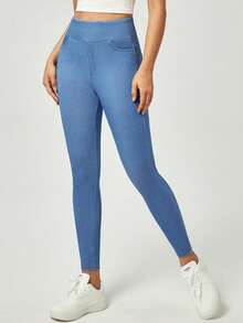 Stretchy Jeans For Women High Waist Jeggings Tummy Control Skinny Jeans Pull On Leggings With Pockets Casual - 淺藍色 - 查看 3