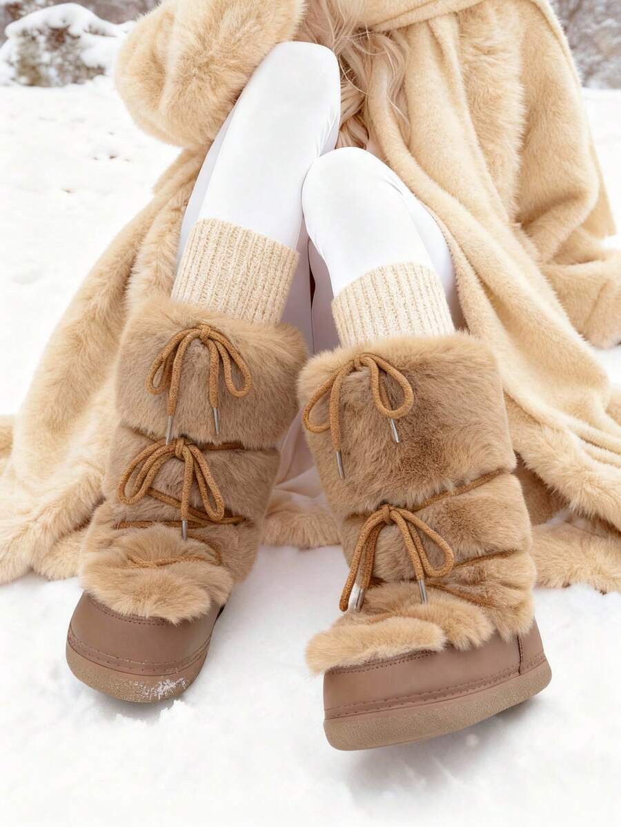 Knee High Boots For Women,Fuzzy Flat Round Toe Rhinestone Lace-Up Slip On Warm Shoes Winter Outdoor Party Chirstmas And Halloween Snow Boots - 摩卡棕 - 查看 1