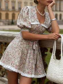 秋夏女装时尚优雅浪漫商务休闲度假简约日常休闲花卉设计袖口纽扣设计荷叶边系带腰带泡泡袖娃娃领圆领连衣裙，飘逸连衣裙，基本款连衣裙，女士外出服，女士教师服，开学服，返校服