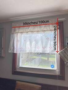 1件粉色花卉刺绣半透明亚麻咖啡帘，复古农舍风格短窗帘，适用于厨房、餐厅、客厅窗户，杆袋式顶部