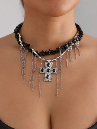 1Pc Gothic Punk Cross Charm Tassel Multi-Layer Twining Beaded Necklace For Women Daily & Party Wear,Ideal Gift For Friends