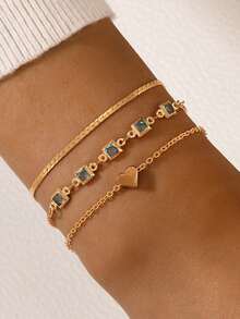 Set de 3 piezas Pulseras de cadena con corazón de cristal rhinestone para mujer, elegantes y sencillas, adecuadas para uso diario, fiestas y regalos para amigos - Amarillo Oro - Ver 1