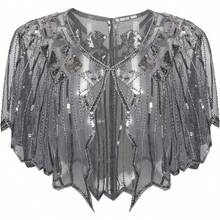 Shawl Wraps Sequin Beaded Evening Cape Bridal Shawl - Gray - View 7