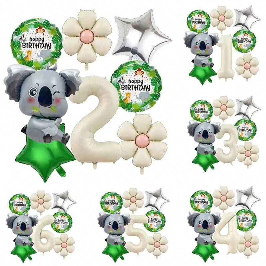 8pcs Koala Foil Balloons - Cute Sitting Design, Cream-Colored Numbers 1-6 Balloon Set, With Green & Silver Stars, Beige Flowers, Round Balloons, Suitable For Birthday, Anniversary, Wedding, Valentine's Day Party Decor, Home Decoration, Atmosphere Setting - Beige - View 1