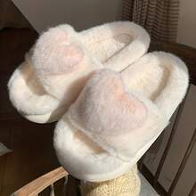 Women's Comfortable Heart-Shaped Plush Faux Fur Slippers - Winter Warm Open-Toe Home Shoes, Pink Beige Heart And Cream White, Soft Cushioned PVC Sole, Hand Washable Sweet Indoor/Outdoor Soft Sole Shoes (Not Suitable For Dryer) - 白色 - 查看 13