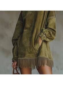 2 High-Necked Suede Fringed Dress With Loose Long Sleeves And Pocket Design. Three-Dimensional Cut Shape Bohemian Style. Fall/Winter Relaxed And Fashionable Item. Fashionable Women's Outerwear. Christmas Gift. . - 棕色 - 查看 6