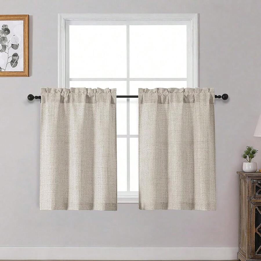 OWENIE Linen Kitchen Curtains Over Sink 30 Inch Length 2 Panels Set, Light Filtering Textured Short Cafe Curtains For Bathroom Windows, Small Curtain For Cabinet Basement RV Camper, 30\ W By 30\ L,30inchWx30inchL(Packof2),Linen - Linen - View 1