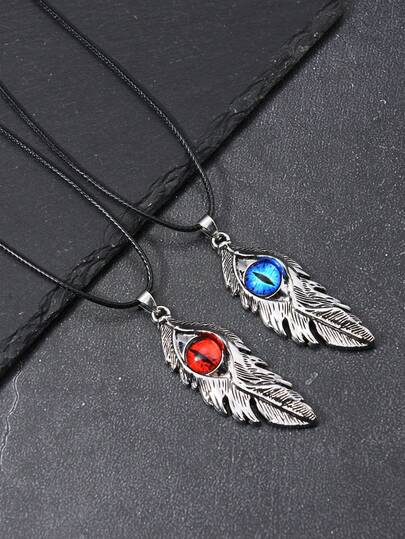 1件恶魔之眼项链，男士欧美风羽毛形合金吊坠项链，嘻哈百搭颈链
